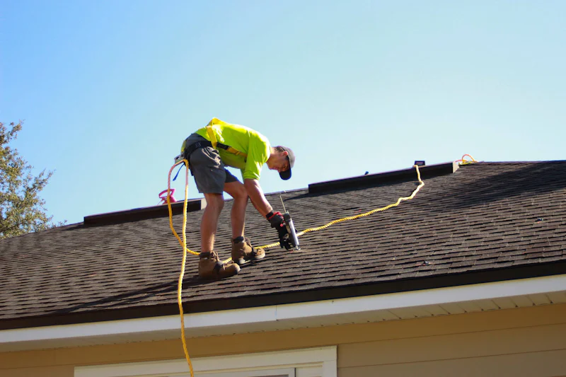 Roofer in a safety harness fastening shingles near the edge of a roof