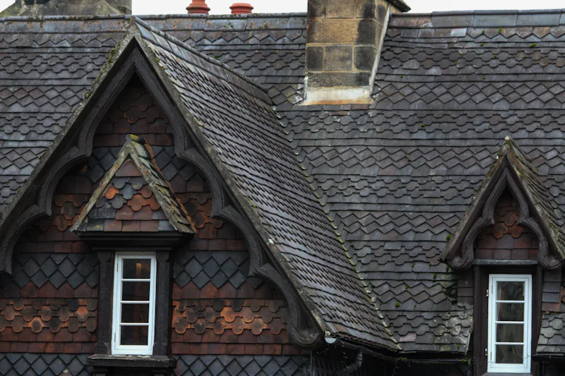 Two white gabled dormers on a dark slate roof